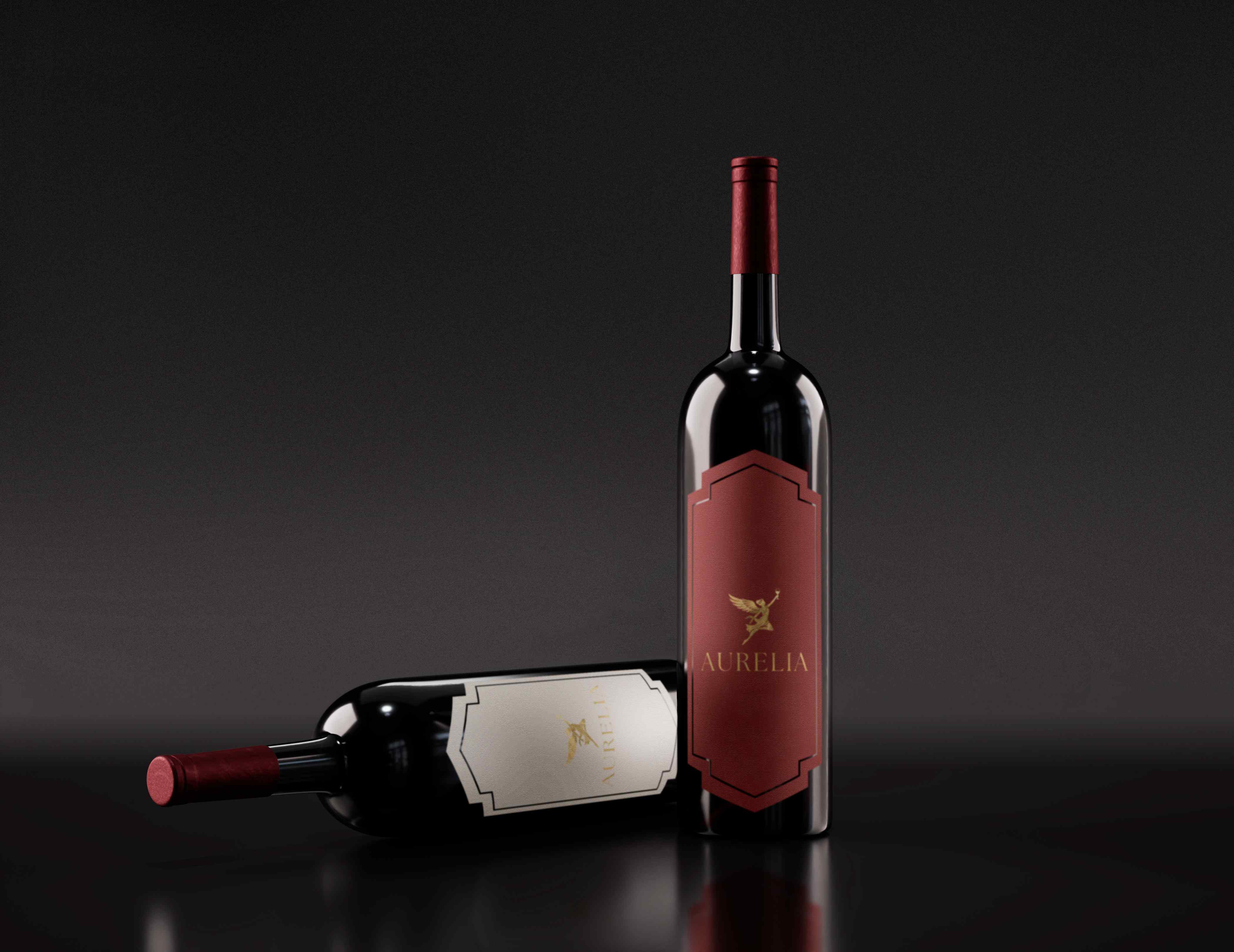 Aurelia wine bottles with maroon and gold labels