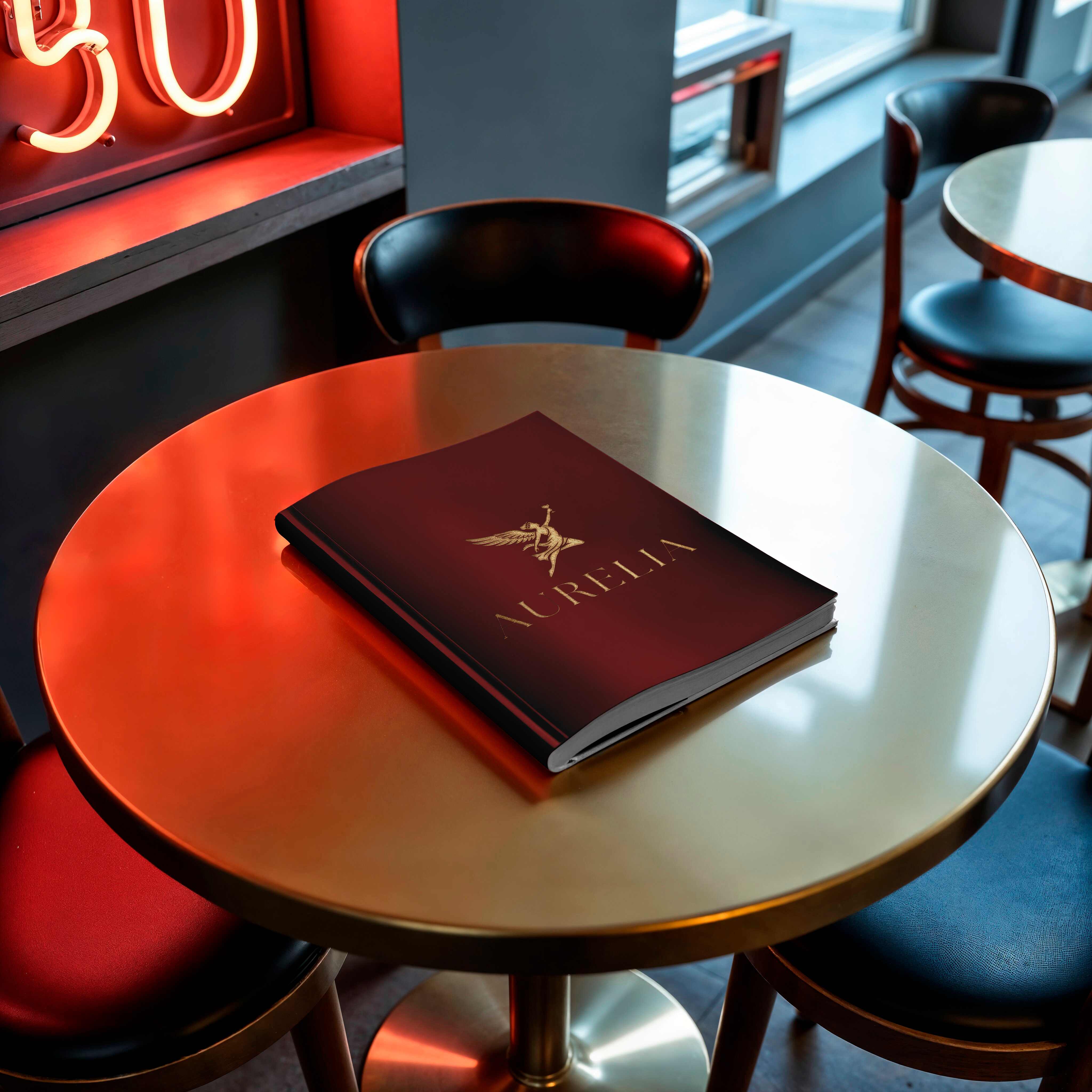 An Aurelia menu booklet resting on a bistro table